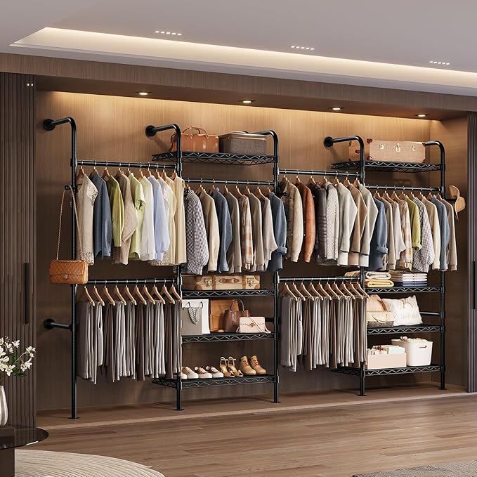 Wall Mounted Closet System, Heavy Duty 4-Row Clothes Rack, Expandable Industrial Pipe Closet Organizers and Storage with 4 Telescopic Rods, 2 Fixed Rods, 5 Hooks & 8 Shelves for Wardrobe, Bedroom