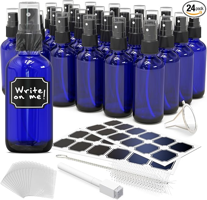 Nevlers Blue Glass Spray Bottles 4 Oz 24 Pack Practical 4 Oz Bottles | Mini Spray Bottle Small Set with Labels, Marker, Funnel, Brush & Wrap | Blue Bottle For Face & Hair Products, Essential Oils