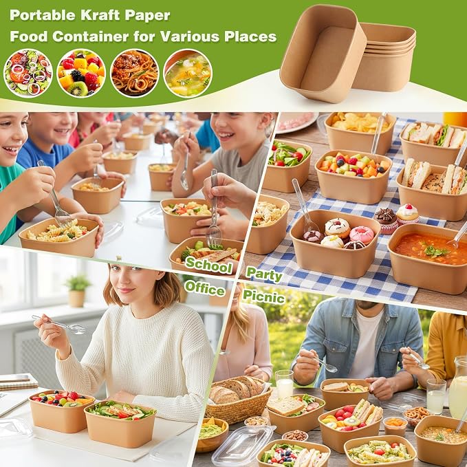 60 Packs 35oz Disposable Meal Prep Containers with Lids, Leak-Proof Microwave/Freezer Safe Food Prep Containers with Utensils & Labels, Sturdy Kraft Paper Bowls for Weekly Meal Prep, Lunch & Leftovers