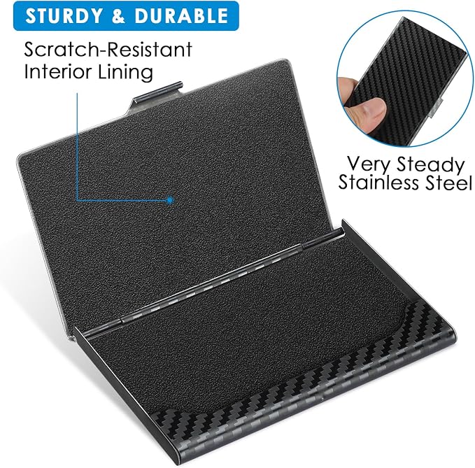 MaxGear Stainless Steel Business Card Holder, Slim Card Case, Black Carbon | Soft Interior Lining, Buckle Closure, Fits Standard Business Cards and Credit Cards