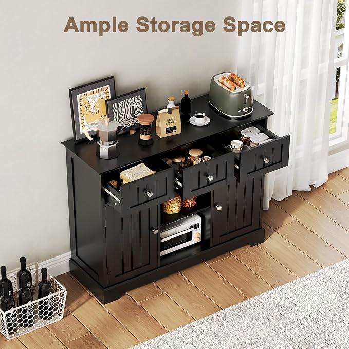 ChooChoo 35.4" Coffee Bar Cabinet with 3 Drawers and 2 Doors, Black | Buffet Cabinet with Adjustable Shelves, Storage Cabinet for Compact Kitchens, Dining rooms and Living rooms