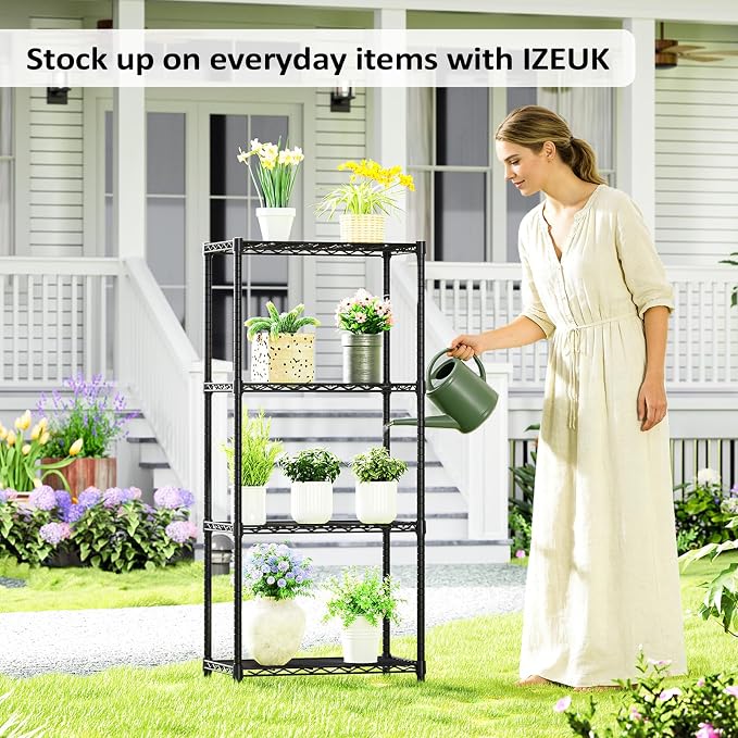4 Tier Wire Shelf, 1000 LBS Black Wire Shelving Unit for Garage Storage | 13.8" D X 23.6" W X 53.4" H Shelving Unit with Adjustable Layer, Metal Wire Shelf Rack for Pantry Kitchen and Restaurant