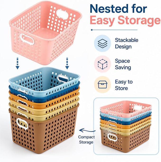 6 Pack Plastic Classroom Storage Baskets, Organizer Bins with Handle | Bohemian 11" × 7.1" × 4.6" Medium Papers Book Storage Organizer for School Classroom Library Office Home Desktop Bookshelf