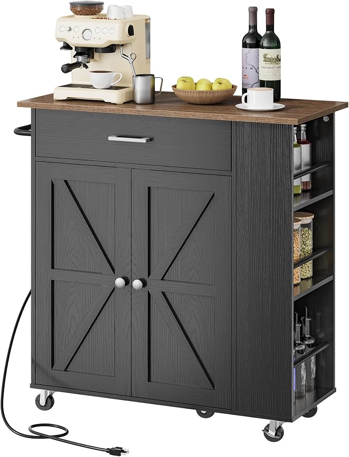 CHOEZON Kitchen Island Cart with Storage, Bar Cart with Charging Station, Kitchen Island on Wheels, Rolling Mobile Table with Cabinet, 3 AC Outlets, Black and Walnut MZD04UBL