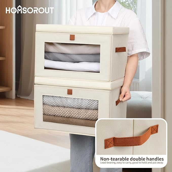 Homsorout Large Closet Storage Bins - Collapsible Storage Bins with Handles & Window, Decorative Boxes with Lids, Fabric Cubes for Living Room, Dorm, 1 Pack, Beige