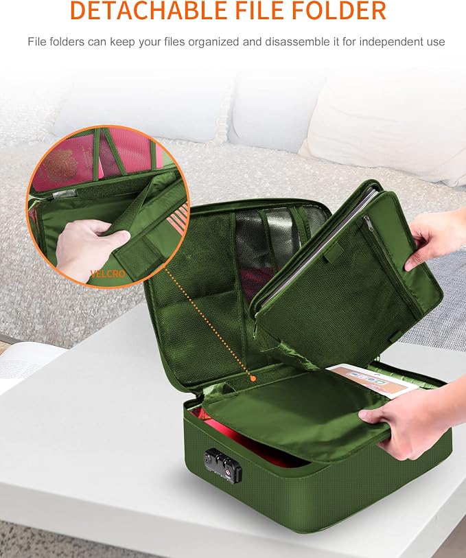Noiposi Fireproof Document Box with Lock 5200℉ Water Resistant | Portable ,Home ,Travel Strong Document Storage Organizer with 7 pockets for Important Documents and File ,Green