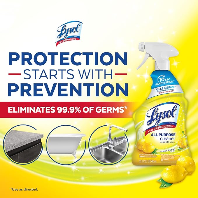 Lysol All Purpose Cleaner Spray, Multi-Purpose Disinfecting Spray, Kitchen & Bathroom Cleaner, Lemon Breeze Scent, 32 Fl Oz (Pack of 4)