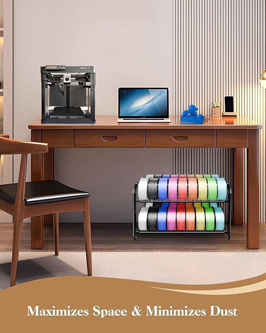 2 Tier Rolling Filament Rack, Holds 40+ 3D Spools, Under Desk Storage | Adjustable for 250g-1KG Spools, 360° Smooth Wheels, Compact 16.5" Wide, Tool-free Assembly. Perfect for 3d Farms Studios