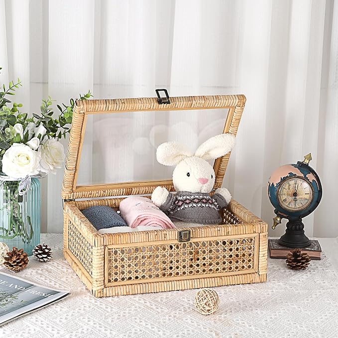 Hipiwe Vintage Decorative Box with Clear Lid Rattan and Wood Display Boxes Handcrafted Shelf Basket Bin Large Wicker Storage Basket Rectangular keepsakes Box for Bathroom Home Decor, 14x10x5.7 inch