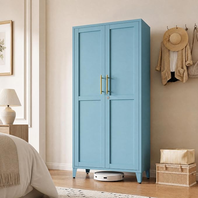 Lockable 61 Inch Tall Metal Storage Cabinet,2-Door Metal Pantry Cabinet with Adjustable Shelves, 4-Tier Steel Storage Locker for Bedroom Kitchen, Home Blue 61" H X 27.6" W X 13.8" D
