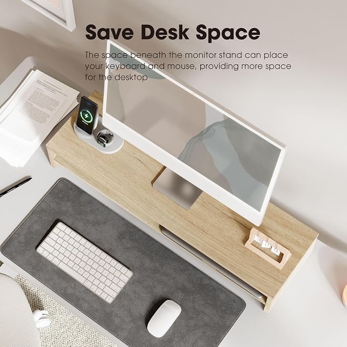 Fenge 31.5 Inch Dual Monitor Stand Riser for Desk, Oak | Wooden Desk Shelf, 2-Tier Open Storage Compartment, for PC Laptop Screen Printer, Home Office Desktop Organizer
