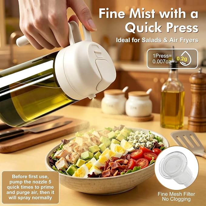 Poshetion 2 in 1 Olive Oil Sprayer for Cooking, 16oz Light-Proof Oil Dispenser for Kitchen, Leak-Proof Oil Spray Bottle for Air Fryer, Salad, BBQ, Baking, Grilling - White