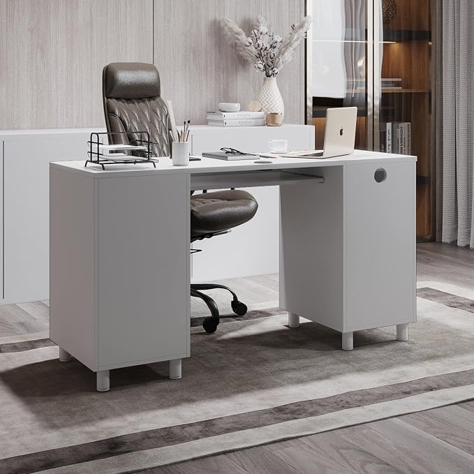 Modern Design Venice Computer Office Desk with 3 Locking Drawers and Storage Cabinet, 53 Inch Home and Office Executive White Desk with Keyboard Tray by Crafts and Comfort