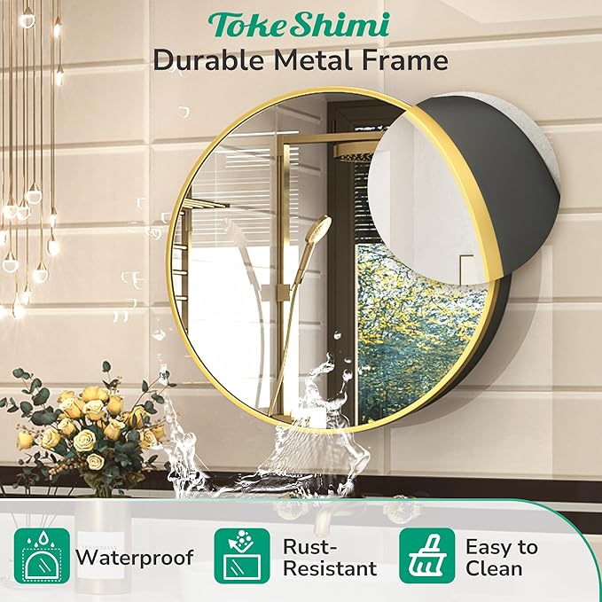 TokeShimi 20 Inch Round Gold Framed Medicine Cabinet for Bathroom with Vanity Mirror Small Metal Bathroom Mirrored Cabinet for Wall Mounted Only Circle Farmhouse Medicine Cabinet Detachable Shelves