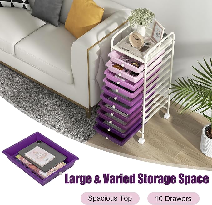 LDAILY 10 Drawer Rolling Storage Cart, Craft Organizer on Wheels, Drawer Cart with Metal Frame & Large Storage Capacity, Rolling Cart with Drawers for Living Room Classroom, Office