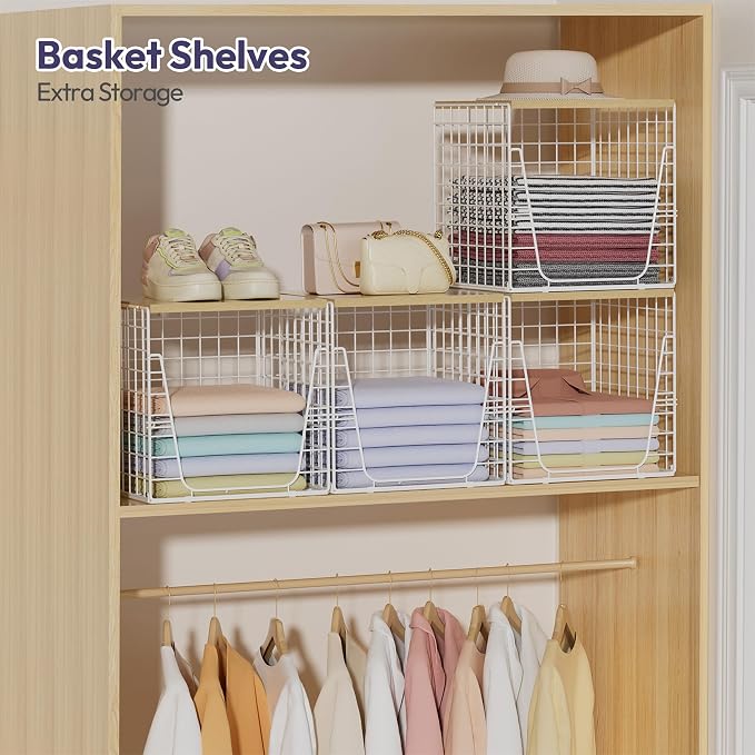 SWTYMIKI 2PCS Closet Organizers and Storage - Stackable Closet Basket with Wood Top Shelf, Clothes Storage Shelves, Clothes Drawer Bins for Wardrobe, Bedroom, Entryway, White