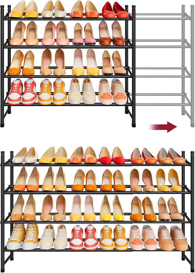 Tajsoon Expandable Shoe Rack for Closet 4 Tier, 29“-41“Adjustable & Stackable Shoe Shelf Storage, Metal Shoe Rack Organizer for Front Door Entrance, Closet, Garage, Entryway, Black