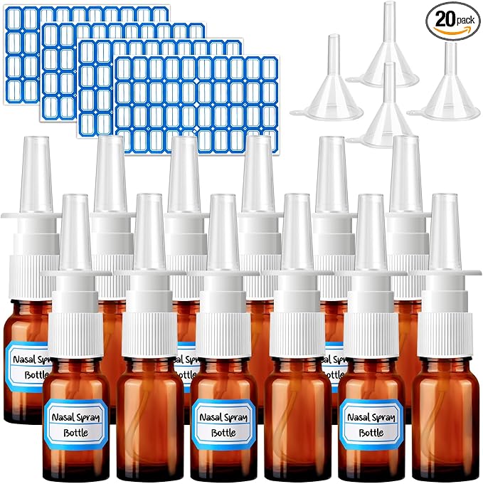 20 Pcs Nasal Spray Bottle, 10ML/0.35OZ 12Pcs Glass Brown Nasal Spray Bottles Empty with 4 Funnels and 4 Labels