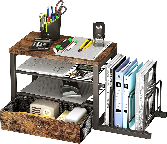 Homeiju Wood Desk Organizer with Drawers, Desk File Organizer with 3 Vertical File Holders, File Shelf,Storage for Mail, Supplies,Classroom Organization