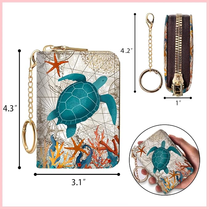 Blusabaca RFID Credit Card Holder Small Women Travel Wallet, Sea Turtle | Removable Keychain, Case with Zipper, Vegan PU Leather, Cash Coin Pocket, Business Accordion Purse, Ladies Female Gift
