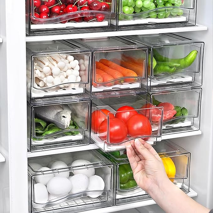 2 Pack Fruit Storage Containers for Fridge, Stackable Refrigerator Organizers with Strainer Layer，Reusable Storage Containers Clear Fridge Drawer for Produce,Vegetable in Kitchen,Fridge,BPA-Free