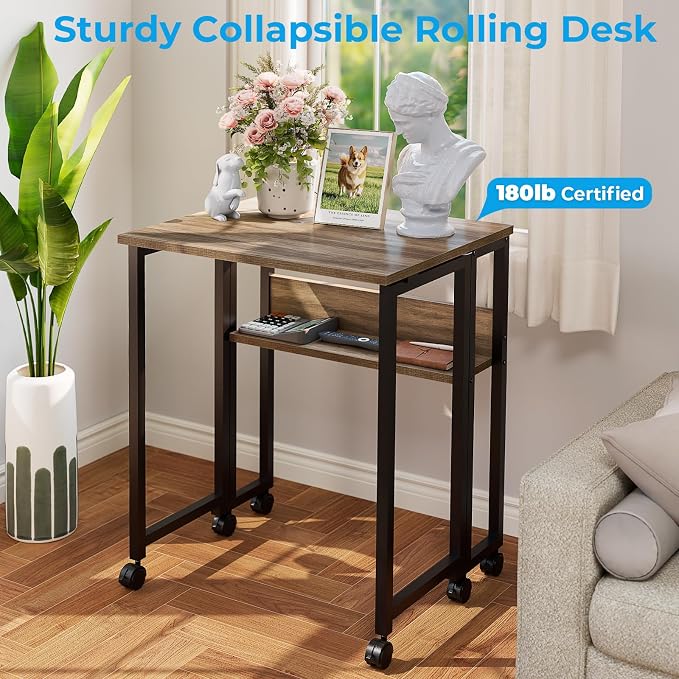 GreenForest Folding Desk with Wheels, 31.5" Rolling Table for Small Spaces | Storage Shelf, Lockable Casters, Compact Portable Workstation, Space-Saving Foldable Sofa Table, Home Office, Mobile, Grey