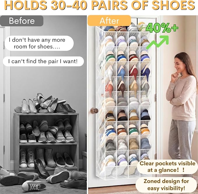 30-40 Pairs Over the Door Shoe Organizer, Clear Large Pockets Hanging Shoe Rack, Space-Saving Closet Door Organizer Fits Boots,Sneakers or Larger Shoes,Shoe Storage for Bedroom,Small Closet,Entryway