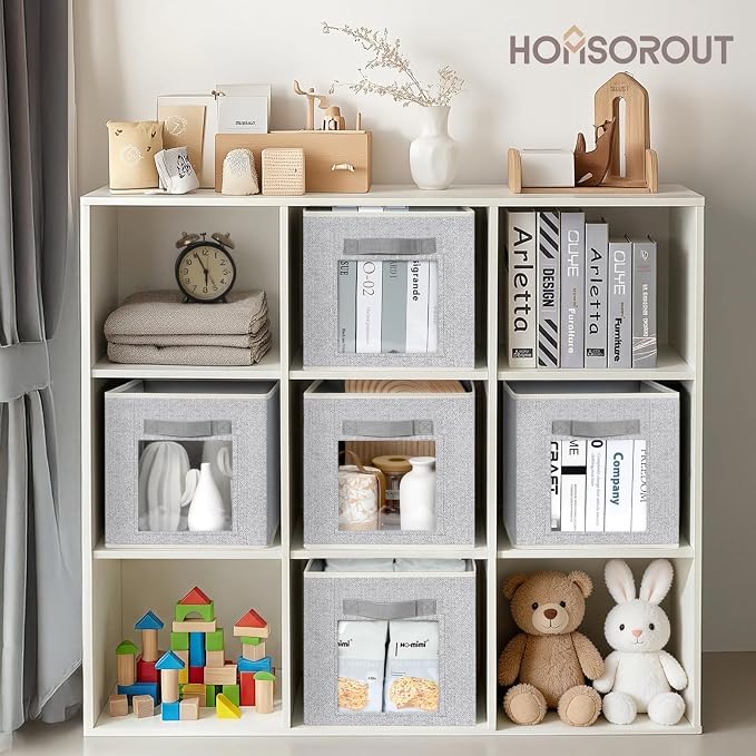 Homsorout Linen Closet Organizers and Storage - 6 Pack Cube Storage Bins with Handle, Fabric Storage Bins for Shelves, 11 inch Bins for Organization, Cubes Organizer for Home, Blended