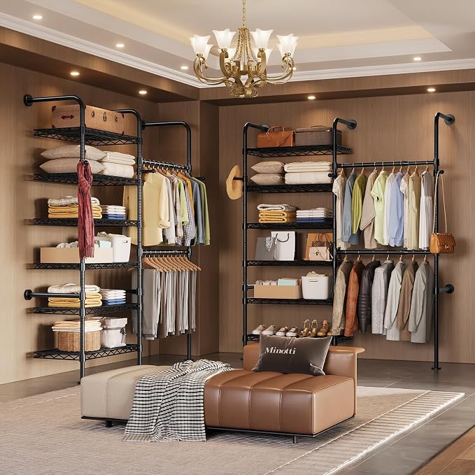 Wall Mounted Closet System, Heavy Duty 2-Row Clothes Rack, Expandable Industrial Pipe Closet Organizers and Storage with 2 Telescopic Rods, 3 Hooks & 6 Shelves for Wardrobe, Bedroom