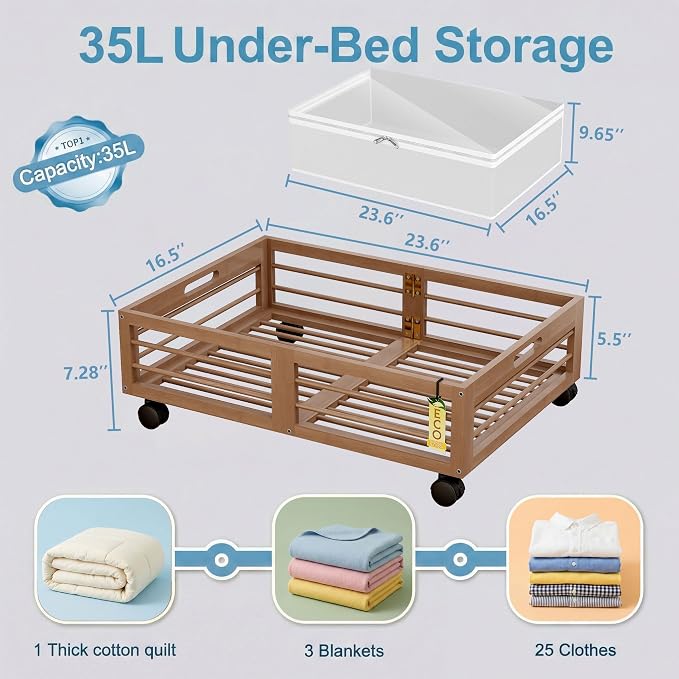 Underbed Storage with Wheels, 2 Pack Bamboo Containers for Shoes & Clothes | Dustproof bags protect contents. Stackable frames save space. 360° wheels provide smooth access to clothes, bedding and toys