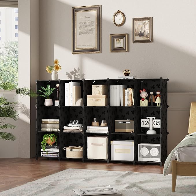 UNKU Cube Storage Organizer, 16 Cube Closet Organizer Storage Shelves, DIY Stackable Bookcase, Clothes Organizer Shelf for Closet, Bedroom, Living Room, Cabinet, Home, Office, Black