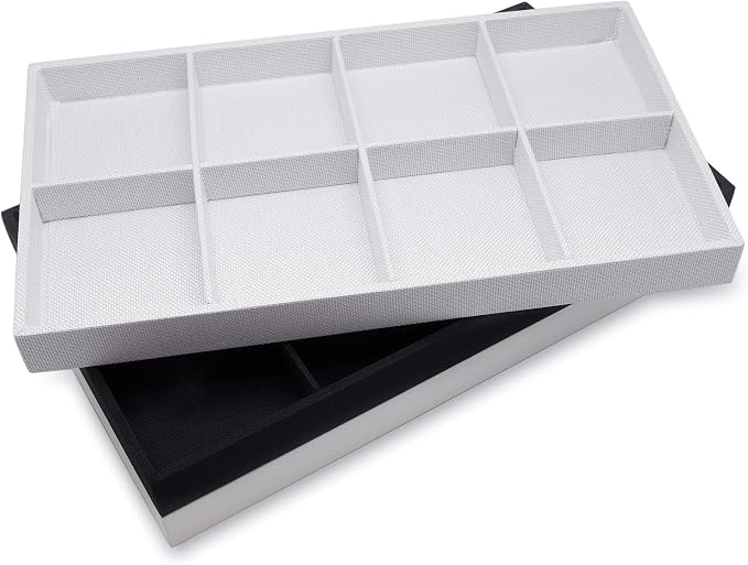 The Display Guys - Stackable Jewelry Tray and Organizer - for Drawers, Dressers, Store Display (8 Compartments, White Leatherette)