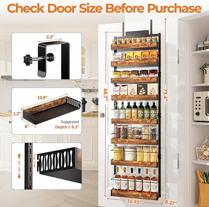 8-Tier Black Metal Back of Door Organizer and Storage for Kitchen Home | Over-Door Pantry Organizer Spice Rack Back of Door Organizer and Storage with Anti-drop Rod & Adjustable Basket