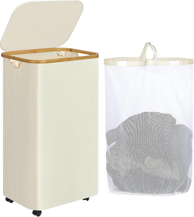 IEGrow Laundry Basket with Wheels 110L Clothes Hamper for Laundry,Beige | Laundry Hamper with Lid and Bamboo Frame, for Laundry Room, Bedroom, Dormitory Storage