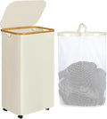 IEGrow Laundry Basket with Wheels 110L Clothes Hamper for Laundry,Beige | Laundry Hamper with Lid and Bamboo Frame, for Laundry Room, Bedroom, Dormitory Storage