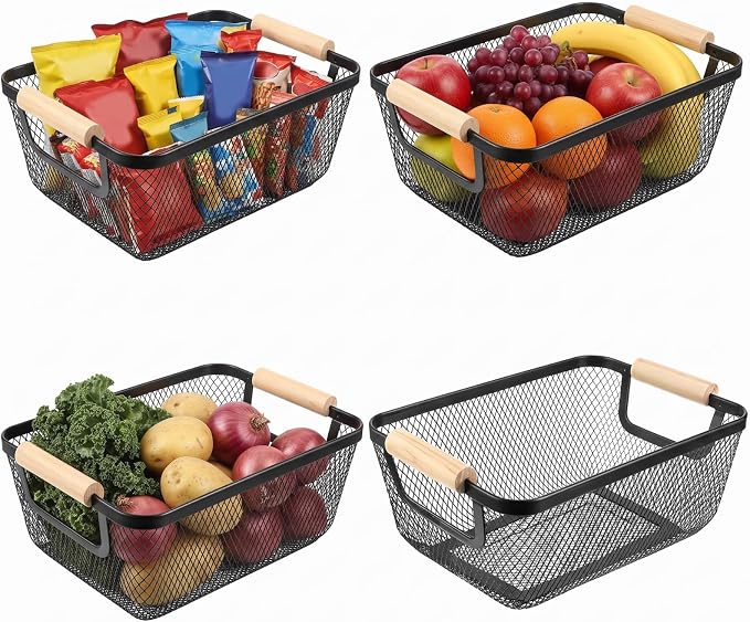 Ziliny 4 Pcs Metal Mesh Wire Baskets with Wooden Handles for Organizing, Pantry Organizers and Storage Steel Bin Kitchen Baskets for Fruit Potato Onion Snacks Bathroom Cabinet(Small,Black)