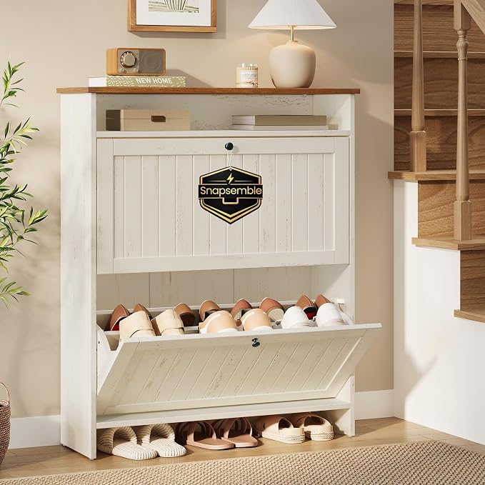 SONGMICS Home Shoe Cabinet, Snapsemble Superfast Assembly, Shoe Storage Cabinet for Entryway with 2 Flip Drawers, Adjustable Dividers and Open Storage, Farmhouse, Rustic White and Honey Brown
