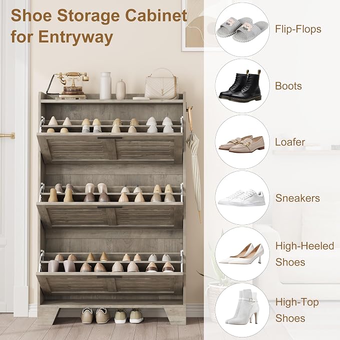 Garvee Shoe Storage Cabinet with 3 Flip Drawers, Freestanding Shoe Organizer Storage for Entryway with 2 Side Hooks, Farmhouse Hidden Slim Narrow Shoe Rack Cabinet, Gray