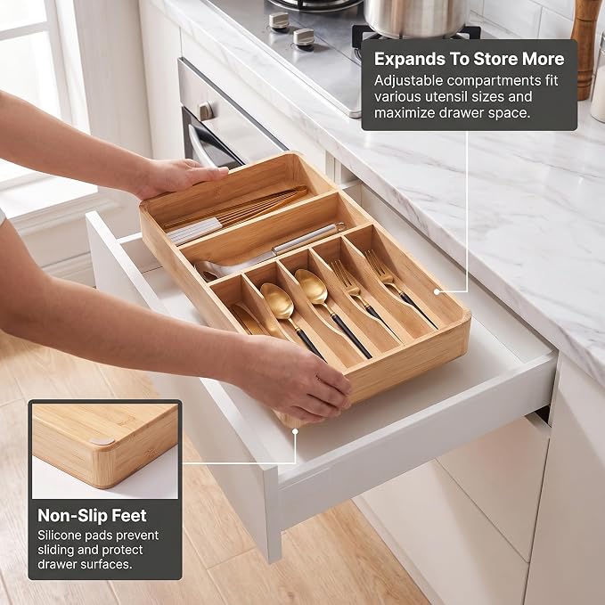 Silverware Drawer Organizer - Bamboo Tray for Cutlery, Flatware & Utensil Holder for Kitchen Drawers, Fixed 10.5" Width, 7 Storage Compartments, Non-Slip Feet, Rounded Corners, 100% Natural Plant