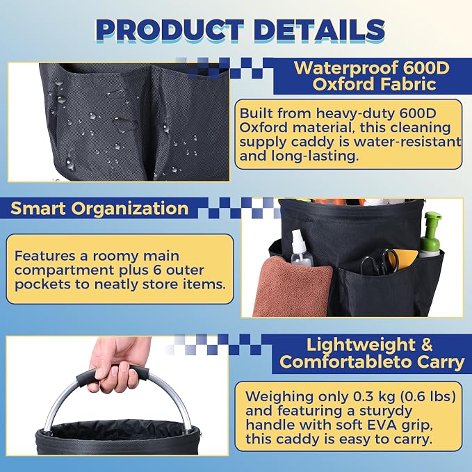 NATGAI Cleaning Caddy with Handle, 17L Foldable Cleaning Supply Caddy, Portable Bucket Organizer with Pockets, Tote Bucket Organizer for Housekeeping, Garden Detailing Caddy, Cleaning Supplies Storage