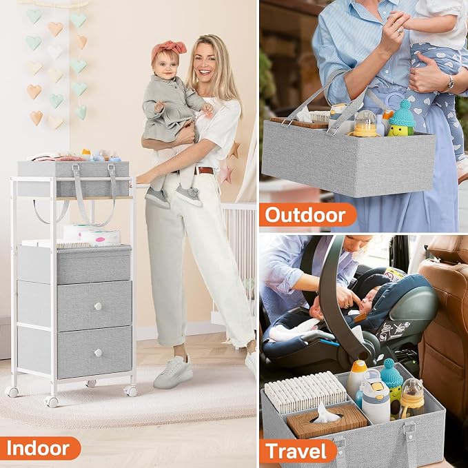 Modanais Baby Diaper Caddy Organizer Cart with Drawers - 3In1 Rolling Storage Cart with Wheels, Removable Diaper Caddy, Detachable Dividers - for Crib, Bedroom, Art & Craft Organizer (Light Gray)