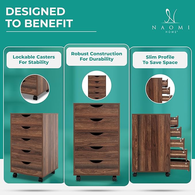 Naomi Home 5-Drawer Rolling Chest, Brown Oak, Smart Storage with Metal Slide Glides & Smooth Wheels, Compact Space-Saver, Easy Assembly, Durable Engineered Wood
