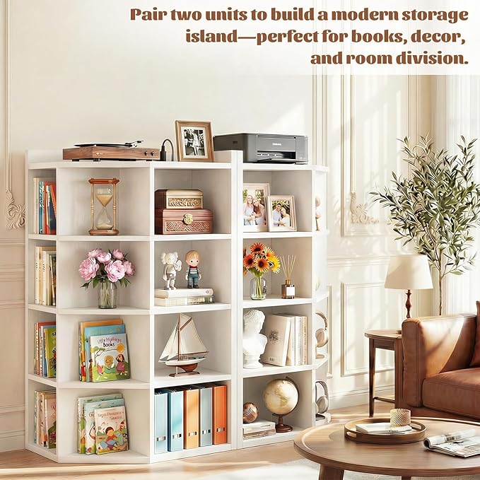 Aheaplus Corner Cabinet, 5-Tier Corner Bookshelf with Power Outlets, Corner Cube Storage Shelf with Top Table, Wooden L Cubby Toy Storage with 12 Cubes for Home Office, Bedroom, Living Room, White