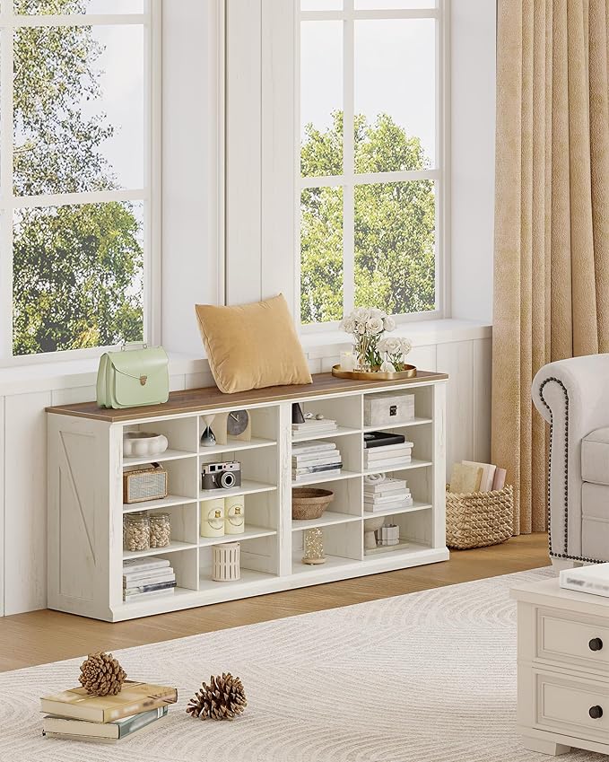Hzuaneri Shoe Storage Bench, Wooden Entryway Shoe Benches with Cubby | Widened Wooden Farmhouse Shoe Bench with Compartments, Shoe Rack Benches for Cloakroom, Living Room, Antique White SB24614X