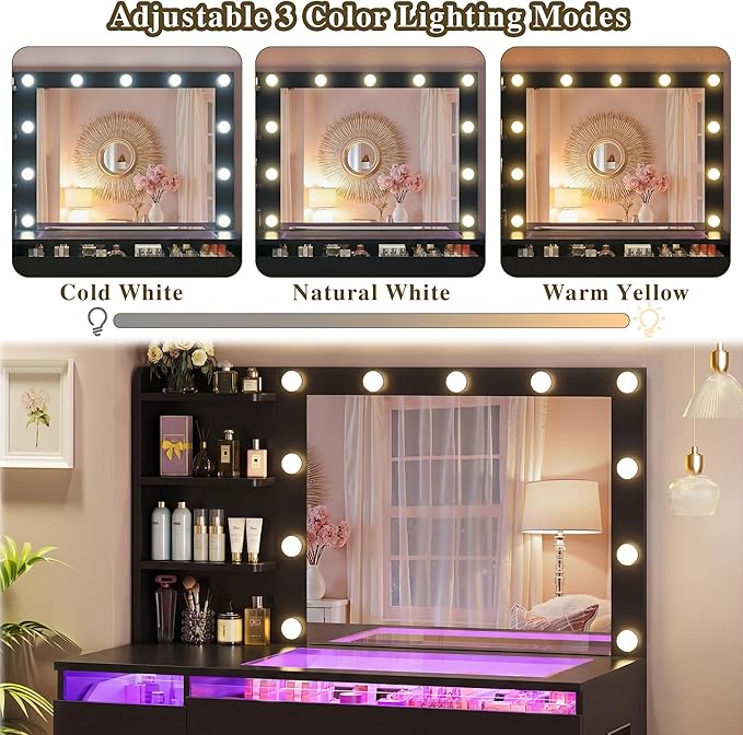 HUAHUU Vanity Desk with Lighted Mirror & Transparent Top, Makeup Vanity Desk with 4 Transparent Drawers and RGB Lighting, Built-in Power Outlet, 3-Tier Side Shelves & Storage Organizer for Bedroom