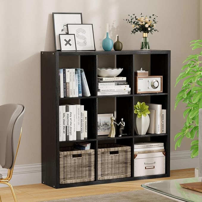 9 Cube Storage Organizer, Wooden Cube Shelf Bookcase with Reinforced Thick Shelves, Heavy-Duty 36.93" L x 9.37" W x 36.93" H, for Living Room Bedroom Home Office, Black