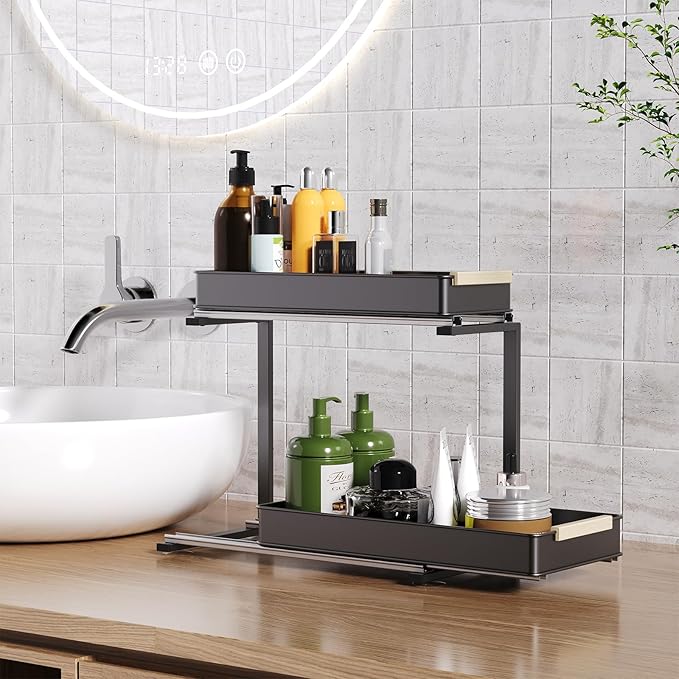 AndUp Under Sink Organizer, 2 Tiers Pull Out Bathroom Organizers and Storage, Slide Out Cabinet Organizer Shelf for Kitchen Bathroom, Multi-Purpose Collection Organizer Drawer Shelf (Gray, 2pcs)