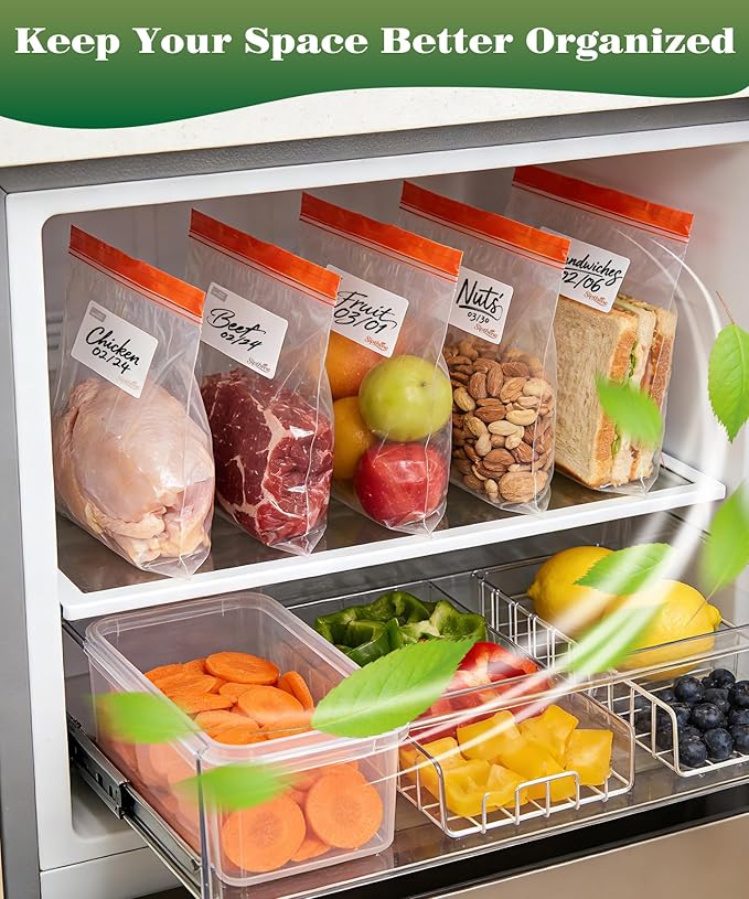Gallon Food Storage Freezer Bags 200 Count, Heavy Duty & BPA Free Gallon Bags with Double Zipper Seal, Write On Labels, Kitchen and Meal Prep Baggies, Non Stand Up Design | Leakproof Seal, Locks in Freshness