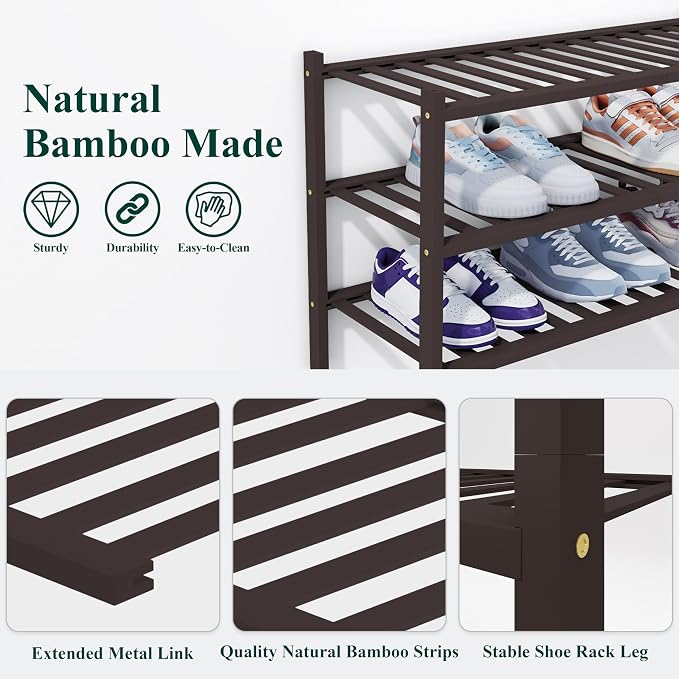 Smiry Bamboo Shoe Rack, 5 Tier Free Standing Wooden Shoe Organizer, Stackable Wood Shoe Storage Shelf for Closet, Entryway, 14 Vertical Slats, 2+2+1 Stack Heavy-Duty Legs, 26.8"x11"x32.5", Brown