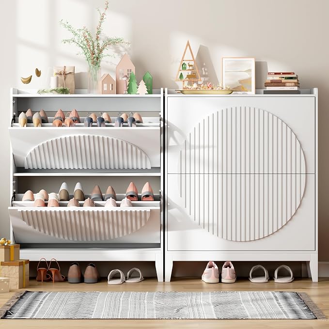 Vlsrka Shoe Cabinet with 3 Doors, Narrow Wooden Shoe Cabinet, Hidden Shoe Storage for Entryway, Foyer, Hallway (White CCC)